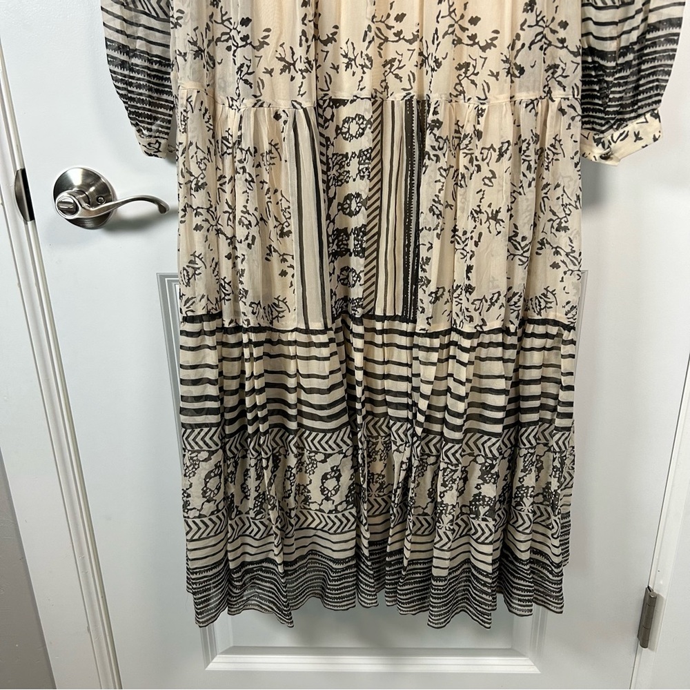 Anthropologie Talulah Cream and Black Ruched‎ Tiered Midi Dress Size XS Boho - Picture 14 of 16